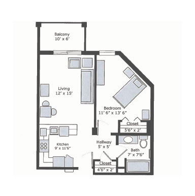 Corner one-bedroom apartment floor plan | Presbyterian Village Cobb