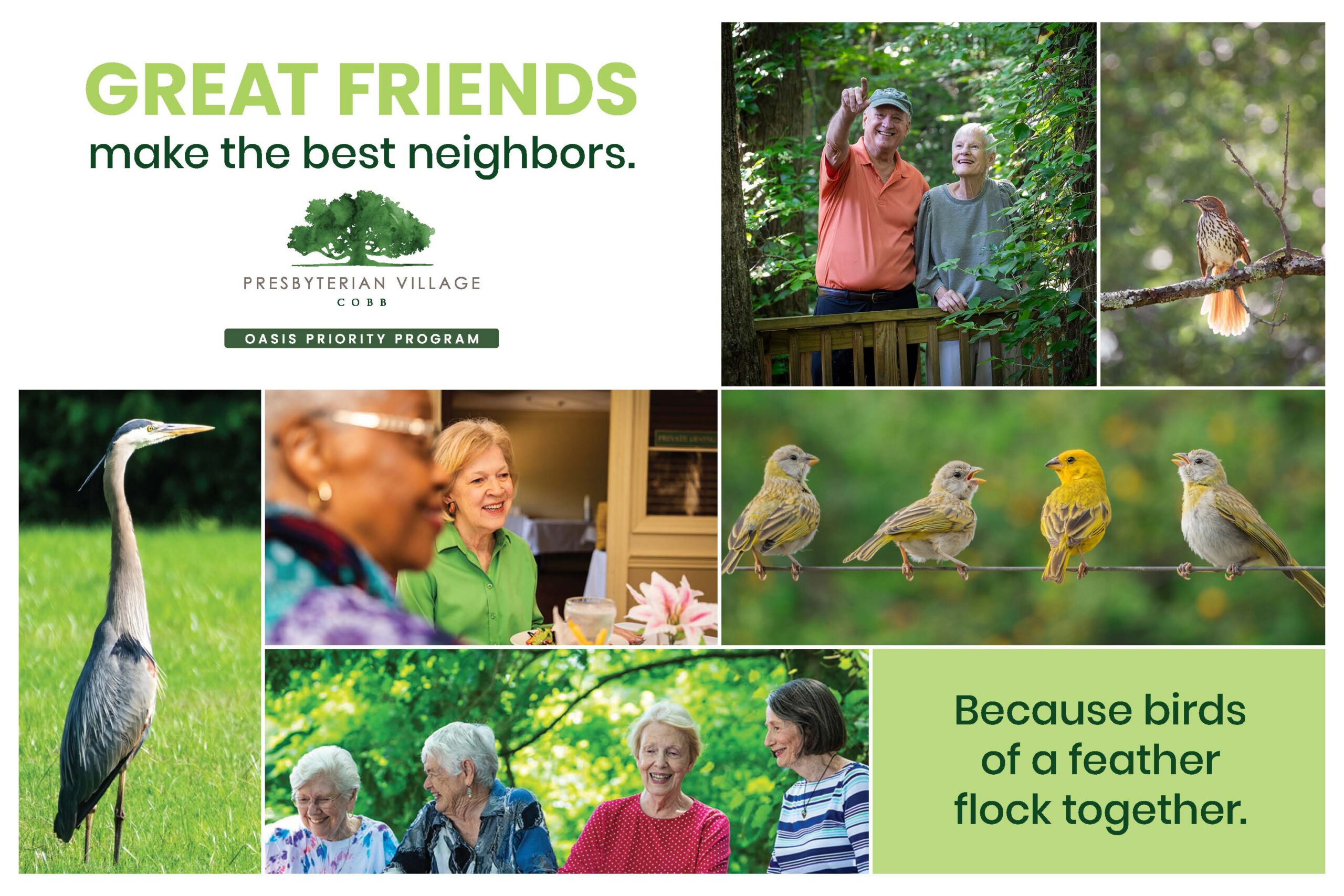 Collage with the slogan 'GREAT FRIENDS make the best neighbors' and a logo for Presbyterian Village Oasis, set on a white background.